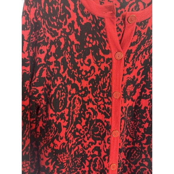 Isaac Mizrahi Live Womens Large Cardigan Red Black Button Up Long Whimsigoth - Picture 2 of 9